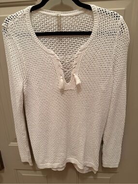 Soft As A Grape 100% Cotton Open-Knit Lace-Up Crewneck Sweater in White